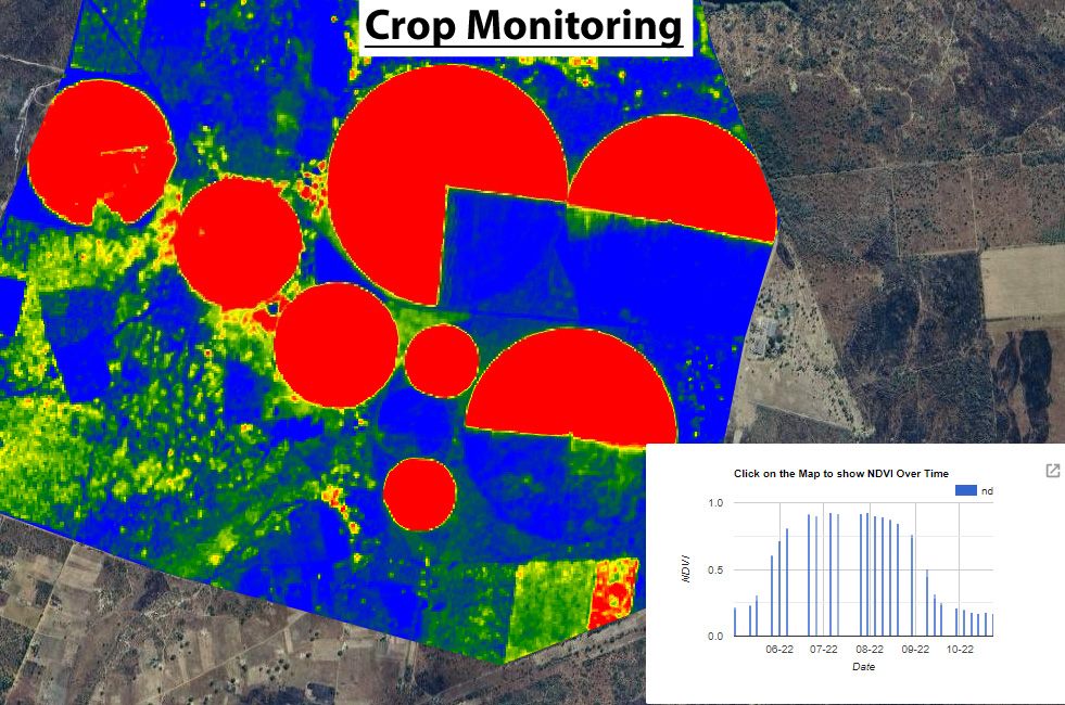 Satellite map of irrigated fields coloured by crop condition