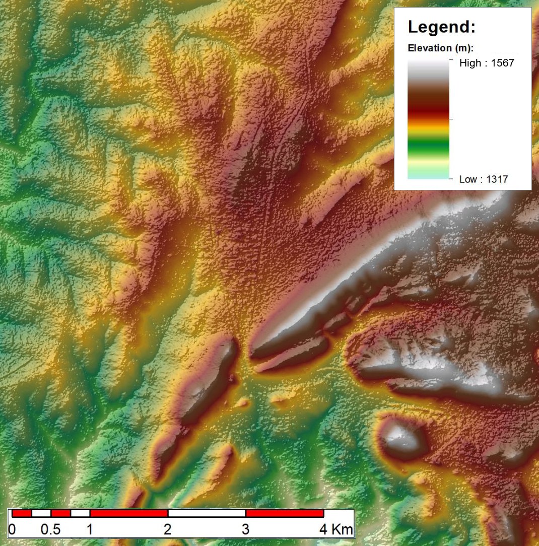 Elevation map of a sample area, coloured from low (blue-green) to high (white), with a legend and scale bar